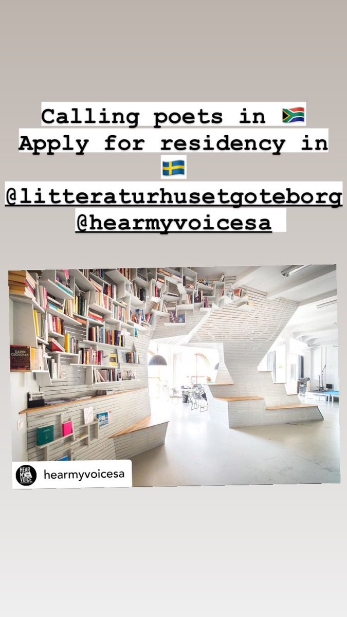 Calling poets in 🇿🇦! 
Apply for residency with Gothenburg Literature House in 🇸🇪
as part of the SE-SA colab <a href="/HearMyVoiceSA/">Hear My Voice</a> 
RT=love 

hearmyvoice.co.za/blog/post?id=3…