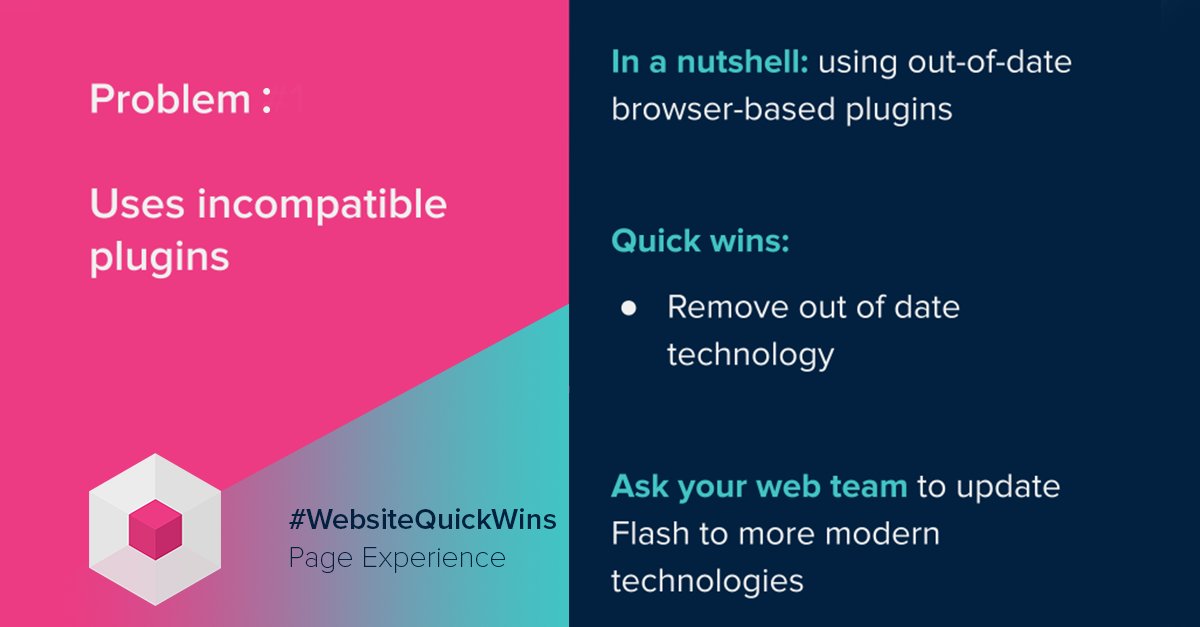 20_eighty's tweet photo. If you see this warning in your Google Search Console/ Mobile-Friendly Test report, we'll take a bet that your website still uses Flash. 

The fix for this - you need to update the technology you're using to something more modern like HTML5. 

Book a call if you'd like some help! https://t.co/oOpsdJlwuc