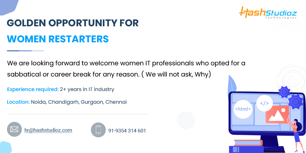 HashStudioz's tweet photo. GOLDEN OPPORTUNITY!! We are looking forward to welcoming women who opted for a sabbatical or career break for any reason. (We will not ask, Why)
Drop your resume at hr@hashstudioz.com OR Call: 9354314601.
#careeragain #restart #careerafterbreak #womenbacktowork #hashstudioz https://t.co/WuMUh2te5p