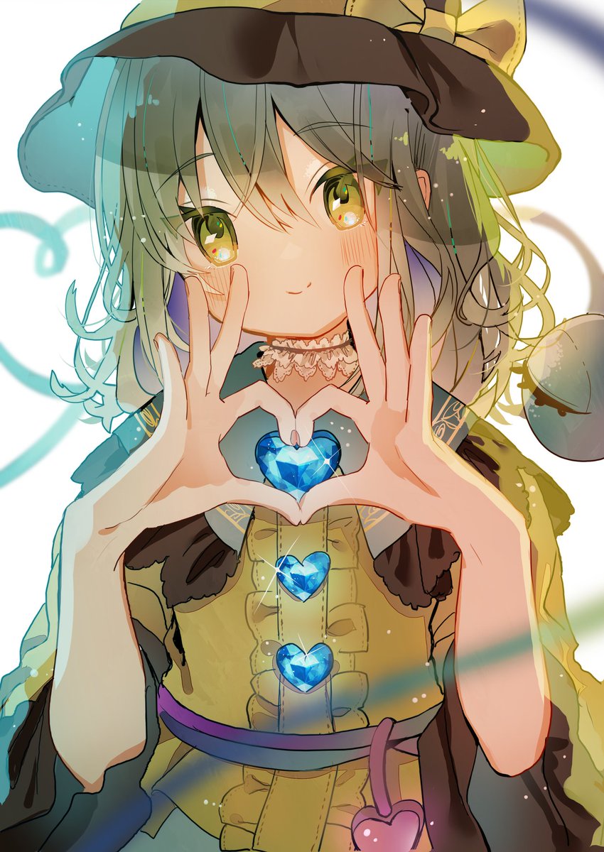 komeiji koishi 1girl solo heart hat yellow shirt third eye heart hands  illustration images