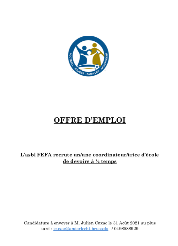 Fefa_asbl's tweet photo. 🚨 JOBS 🚨
Notre équipe s'agrandit !
Nous sommes à la recherche d'un/une Coordinateur/trice de notre école de devoirs 📚🎒 ! 

Candidature à : jcuxac@anderlecht.brussels jusqu'au 31 août. 

#Job #Bruxelles  #Anderlecht  #education #football #social #EducationForAll #edujobs https://t.co/kFNAr3ZGuy