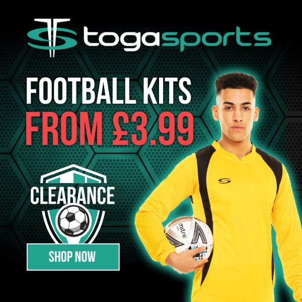 Togasports's tweet photo. CLEARANCE SALE ⚽🤑

We have HUGE savings on ALL Football Kits (Shirt, Shorts &amp; Socks):

Junior Kits = £3.99
Senior Kits = £4.99

All Kits can be personalised with Club Logos, Sponsors, Numbers &amp; Names.

Shop Clearance 👉 https://t.co/pDFVomdphs

Hurry... offer while stocks last. https://t.co/Y7mXCuYzrM