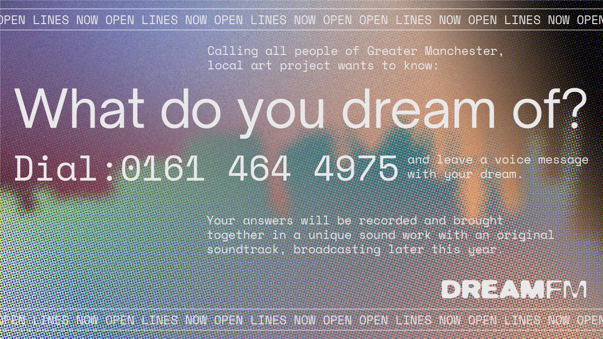 0161dreamfm's tweet photo. Greater Manchester, what do you dream of?

Dial 0161 464 4975 and leave a voice message with a dream.

Dream FM is a project made possible with support from #ManchesterIndependents. For more info, visit https://t.co/9oiRC37eEb https://t.co/Y5uMt5ufvu