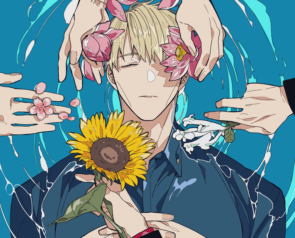 nanami kento flower holding male focus short hair shirt holding flower blonde hair  illustration images