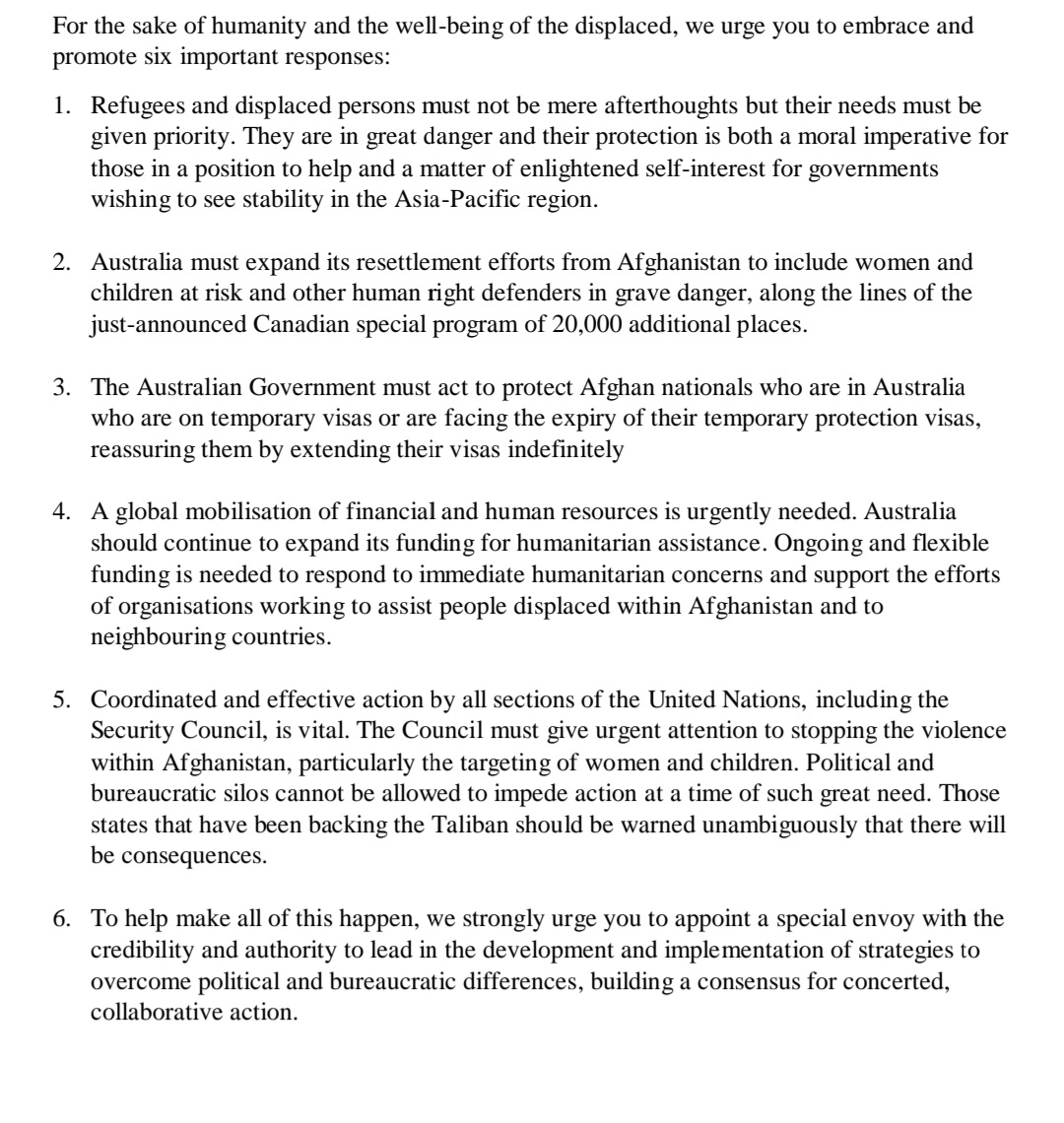 Today we @APNORefugees sent a letter to Foreign Affairs Minister @MarisePayne recommending 6 practical options for #Australia’s response to crisis in #Afghanistan. Thanking those who endorsed the letter. @AJEnglish @SBS @7NewsSydney @FMReview @AusEmbAfg @BBCBreaking