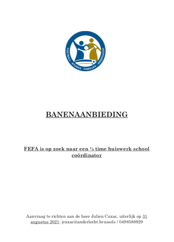 Fefa_asbl's tweet photo. 🚨 JOBS 🚨

Ons team groeit ! 
We zijn op zoek naar een coördinator voor onze huiswerkschool 📚🎒! 

Aanvragen bij: jcuxac@anderlecht.brussels tot 31 augustus.

#job #brussels #anderlecht #education #football #social #EducationForAll #edujobs https://t.co/lMM2jlMGBG