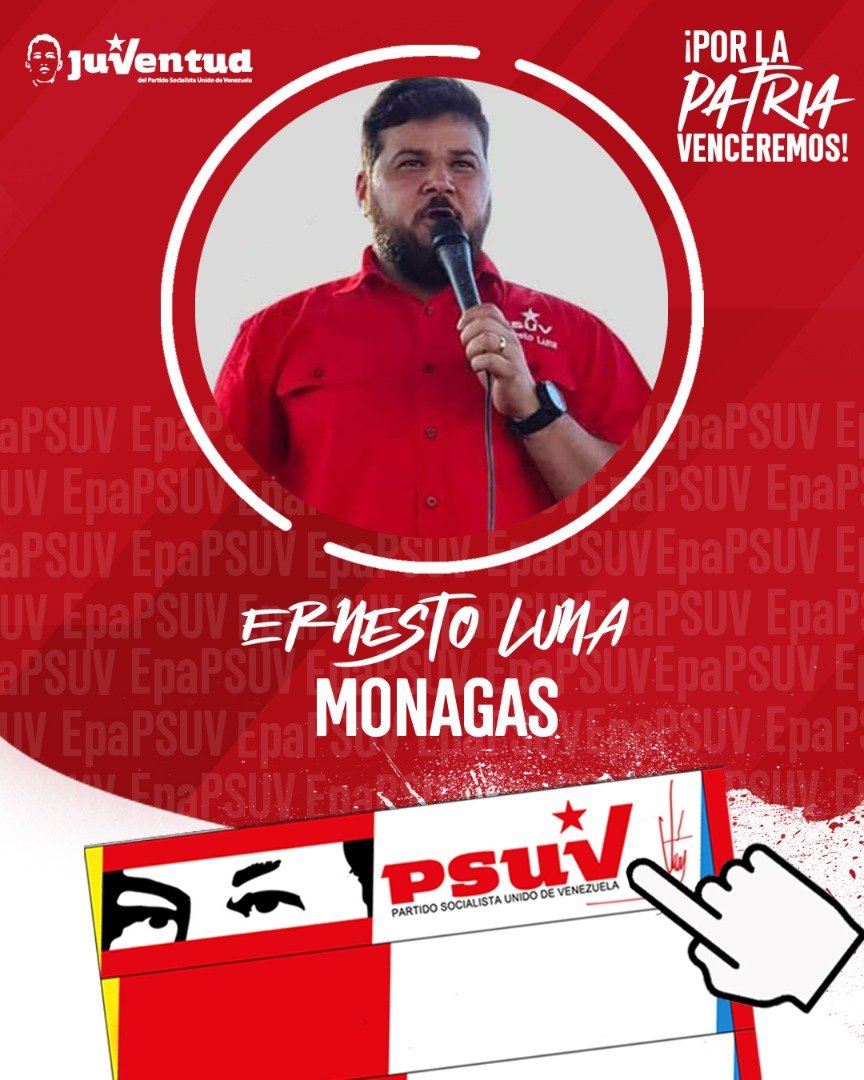 Nuestro candidato del @PartidoPSUV para la Gobernación del estado Monagas, rumbo a la victoria del #21Nov:   

✅ Ernesto Luna @ErnestoPSUV_

#EpaPSUV2021 @NicolasMaduro @dcabellor @taniapsuv @_LaAvanzadora @ANAFUENTES_PSUV @JuventudPSUV