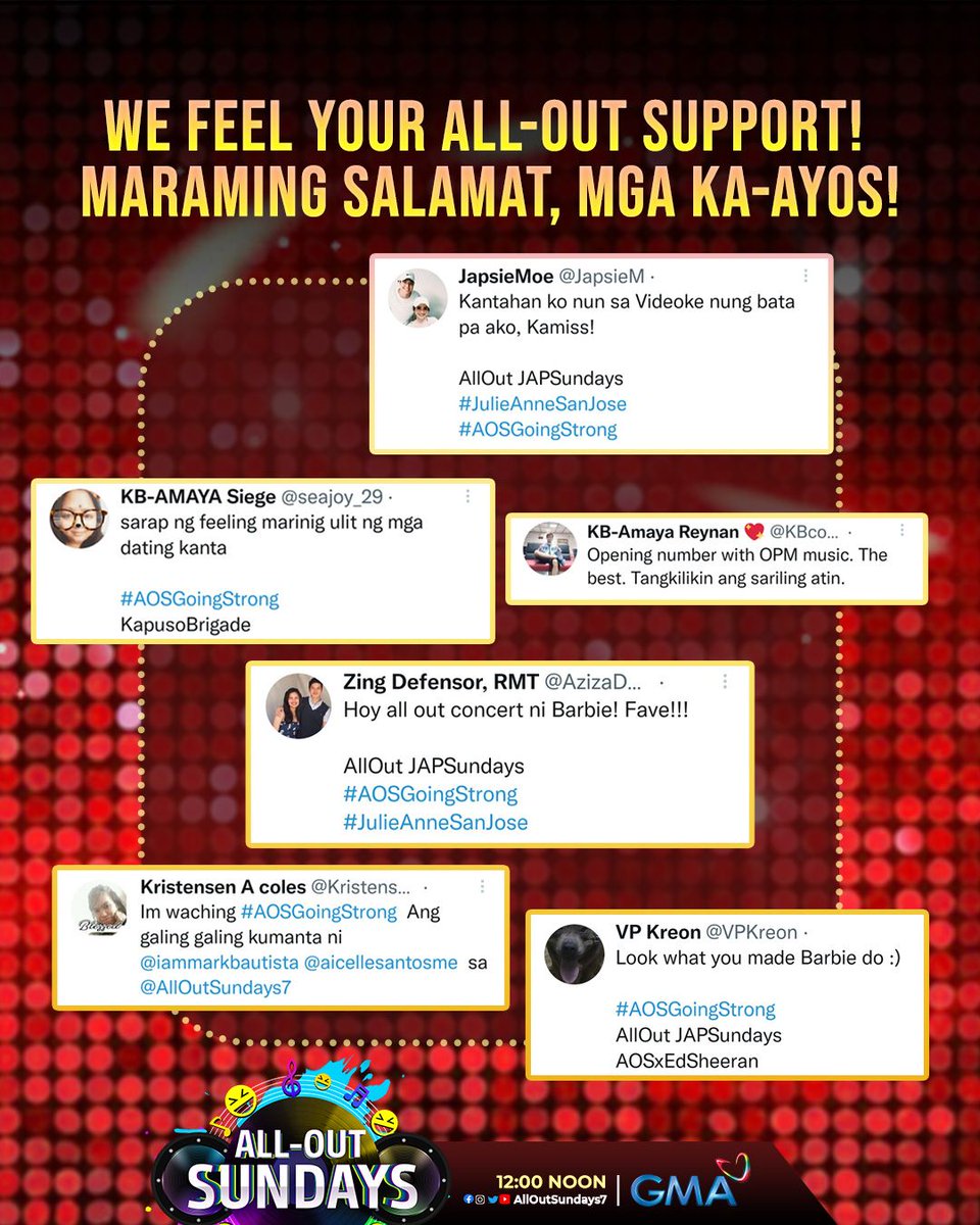AllOutSundays7's tweet photo. #AOSGoingStrong ang ALL-OUT support ninyo sa #AllOutSundays, mga ka-AyOS! 💪

Maraming salamat! 💖 https://t.co/rXmm79w4e0