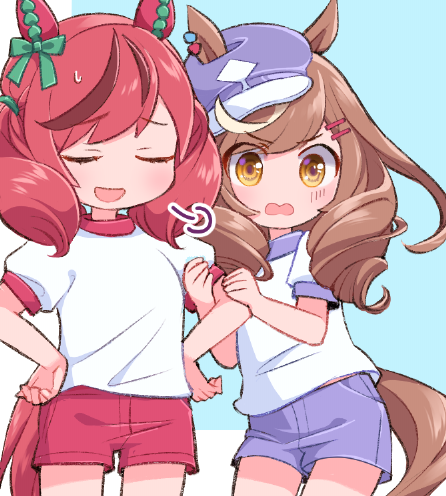 matikane tannhauser (umamusume) ,nice nature (umamusume) multiple girls animal ears 2girls horse ears tail shorts horse tail  illustration images