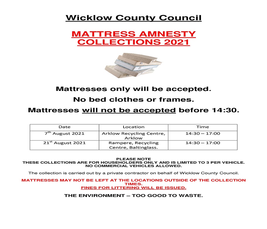 wicklowcoco's tweet photo. Wicklow County Council will hold a mattress amnesty in Rampere Recycling Centre near Baltinglass on 21st August 2021 from 2.30 - 5pm.
This collection is funded by the Department of Communications Climate Action and Environment. https://t.co/eaRZRsUBgz