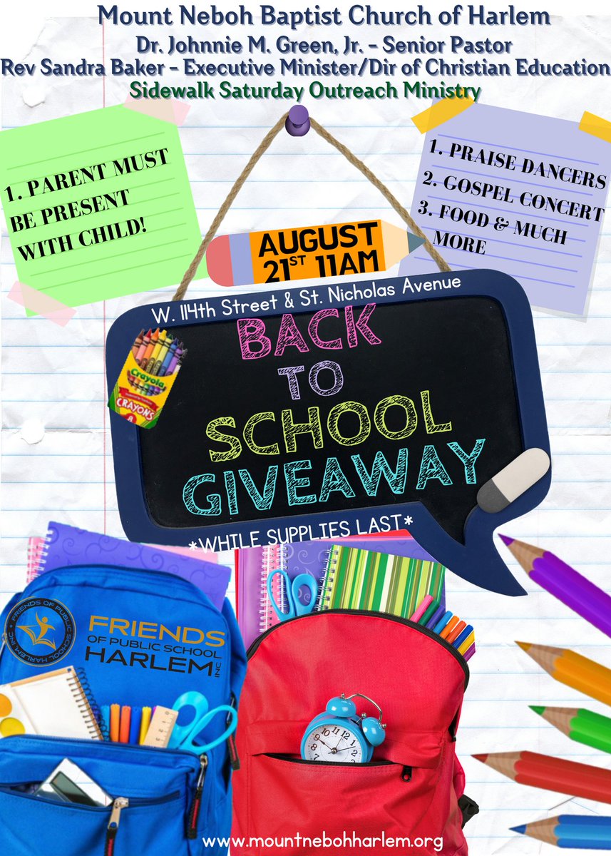MtNebohBCHarlem's tweet image. Come Join Mount Neboh Baptist Church of Harlem's Outreach Ministry August 2021 Event 
"On &amp;amp; Poppin 4 Jesus!" - Bookbag Giveaway &amp;amp; More!
Saturday, August 21st 2021 at 11am to 2pm
Follow Us on FB: bit.ly/2XCtwR9
#TheMount
#BackToSchool 
#BackpackGiveaway