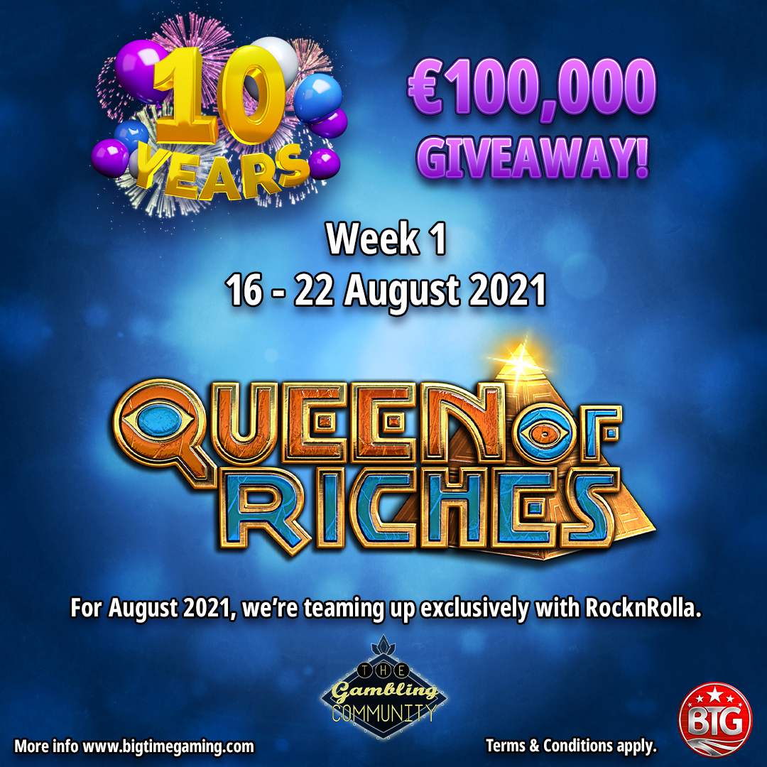 _BIGTIME_GAMING's tweet photo. FOR AUGUST, We are partnering with @rollaaaaaa &amp; @thegamblingco or the €100,000 Giveaway! 😱Week 1 - Play Queen of Riches and Post your wins on The Gambling Forum, according to our T&amp;C's. ➡️https://t.co/ExpoA0XF1o #BTGgiveaway #onlineslots https://t.co/L7epagkLbg