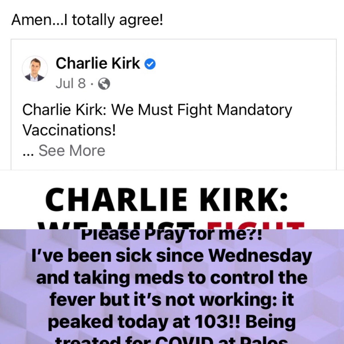dariceg1's tweet photo. When will anti-vaxers wake up? July 8 my friend below fighting against the vaccine. Aug 8 (after unmasked vacation)- in hospital fighting to stay alive. https://t.co/6efwOX2Ktu