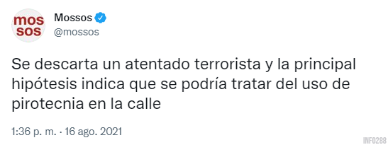 info288nacional's tweet photo. 👮🏻‍♂️ Mossos: "Se descarta un atentado terrorista y la principal hipótesis indica que se podría tratar del uso de pirotecnia en la calle"#Barcelona #Mossos

https://t.co/tgP57qTq9s

🇪🇸 https://t.co/kjWIMunG06 https://t.co/F2NQTjuDxR