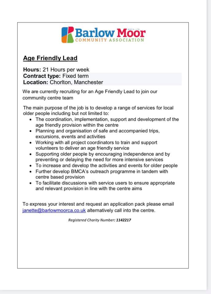 Two great vacancies at local community centres <a href="/westcroftcc/">Westcroft Community Centre</a> #Burnage and <a href="/BMCALtd/">BMCA</a> #Chorlton.

If you know of anyone looking for a part time role at a fantastic caring organisation, share!

To apply at Westcroft: southwayhousing-careers.co.uk/vacancy/114902. For the #AgeFriendly position contact BMCA: