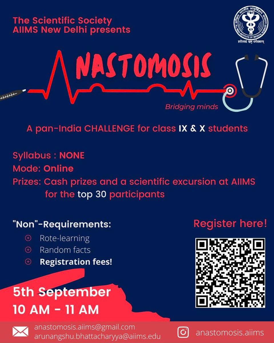 Anastomosis is finally happening! It’s free and online, making it the first pan-India accessible exam conducted by AIIMS MBBS students.
<a href="/aiims_newdelhi/">AIIMS, New Delhi 🇮🇳</a>