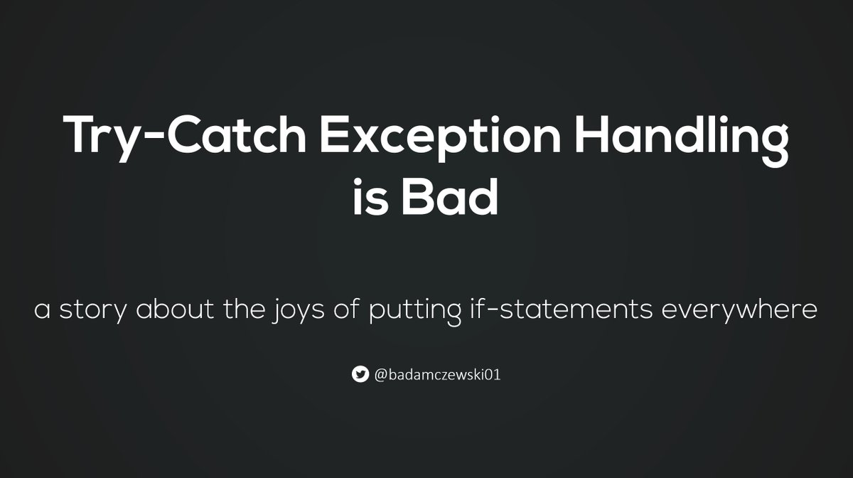 After looking at several Error Handling techniques from C#, C++, GO, and Rust, I've concluded that try-catch EH should be abandoned.

- EH is expensive when you throw. 
- EH is expensive even when you don't throw.
- EH is hard to get right. 
- EH is hard to implement.

🧵