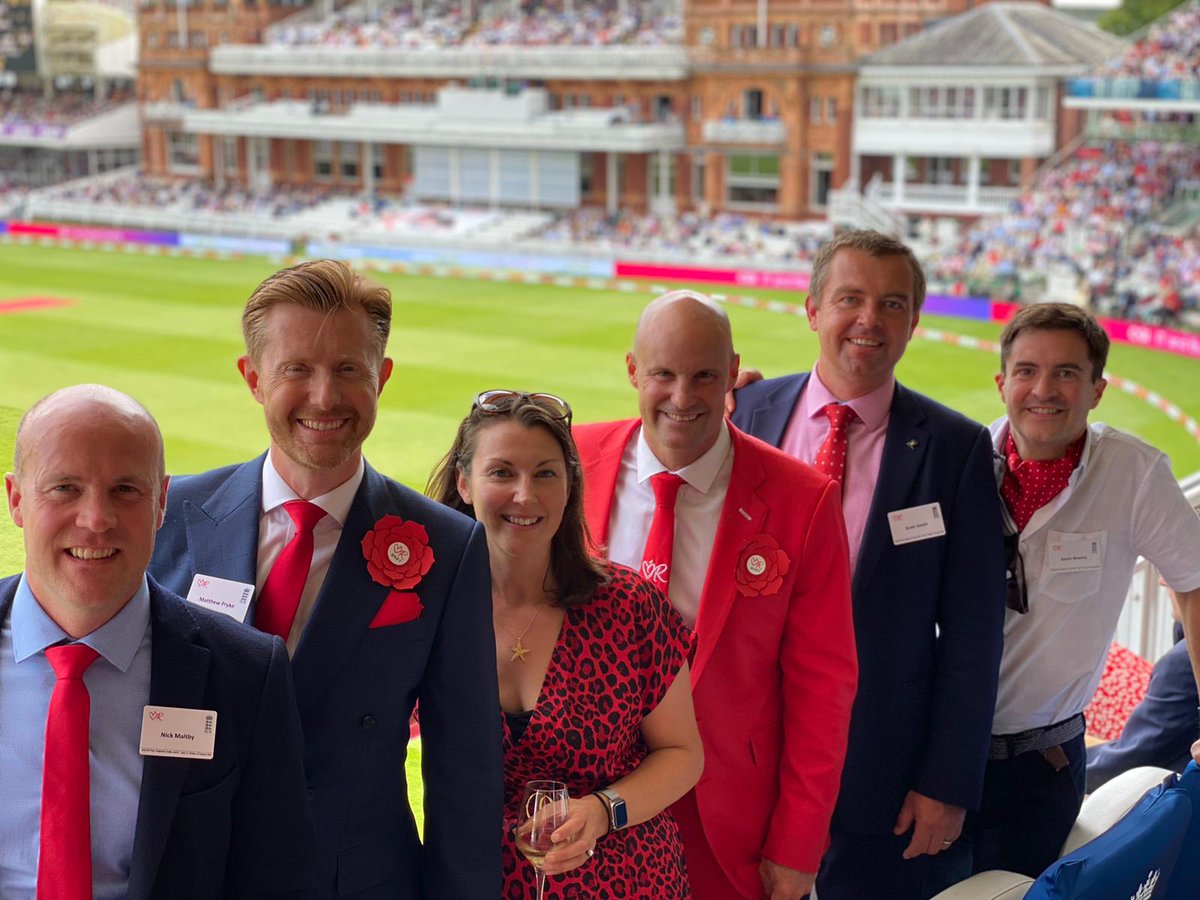 HamlinsLLP's tweet photo. The #CycleTheSummits team reunited at the @RuthStraussFdn’s annual #RedforRuth day with Andrew Strauss at Lords on Friday for the LV= Insurance Test between ENG-IND.

We are proud to have raised over £65,000 for the charity through fundraising for the Cycle the Summits challenge. https://t.co/7G1vme4vTW
