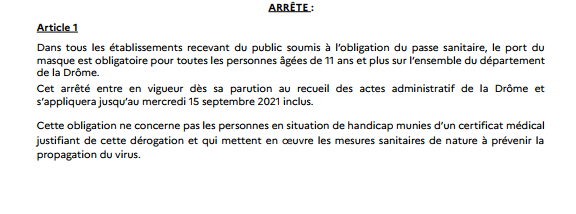 Prefet26's tweet photo. Le port du masque est redevenu obligatoire dans les ERP à l’intérieur (ex :cinéma) ainsi que à l’extérieur (ex :un festival) et non pas sur la voie publique, sauf exception. 
ℹ️➡️l’arrêté préfectoral en date du 13/08/21 : https://t.co/34wQrVpVIH
Extrait de ce dernier⤵️ https://t.co/bxay9DOvIW