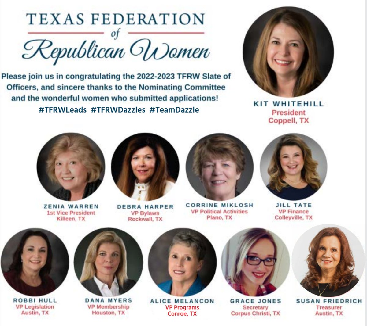 CapitolRW_TX's tweet photo. The Texas Federation of Republican Women announced the 2022-2023 Officer Slate. #TFRWleads #LeadRight #txlege #newsofnote https://t.co/j8WvWKSIyl