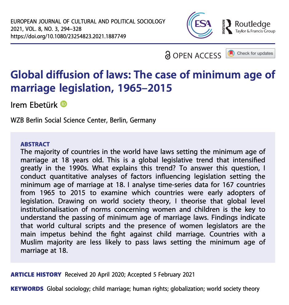 In our newest issue, <a href="/iremtuncr/">İrem Tuncer Ebetürk</a> looks at global harmonization of laws. 

In her paper Global diffusion of laws: The case of minimum age of marriage legislation, 1965–2015 key finding is that female legislators have been crucial in pushing these laws.

tandfonline.com/doi/full/10.10…
