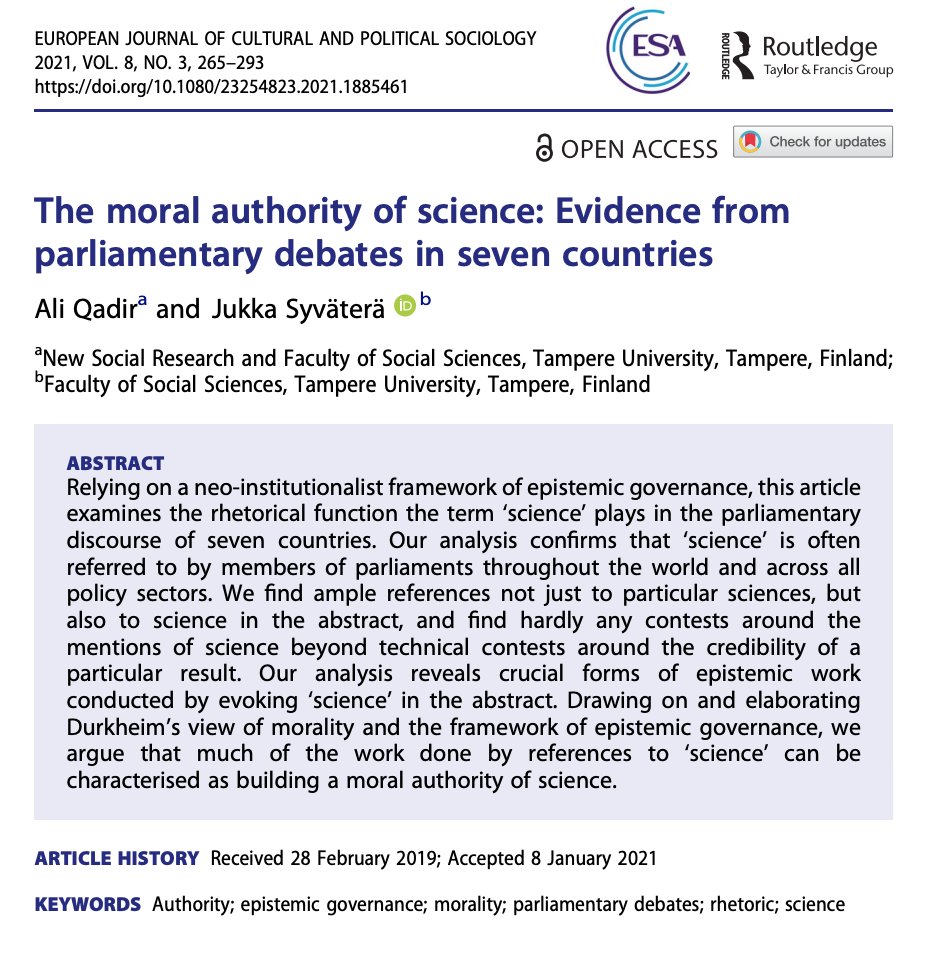 🚨 New paper out 🚨

Qadir &amp; Syväterä ask, how does one actually use the Science as an authority in parliamentary debates. The data comes from seven different nations.

The moral authority of science: Evidence from
parliamentary debates in seven countries

tandfonline.com/doi/full/10.10…
