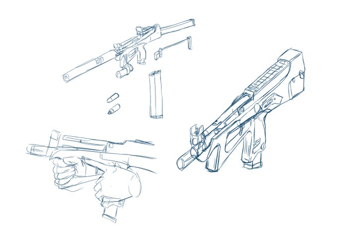 キャラクターに持たせる用の銃として、なるべく小型でシンプルな形しているのが良いなと思ってサブマシンガンを描いてみました。

ミリタリーの知識が無いまま描いてるので、多少の描写ミスには目をつむってください… 