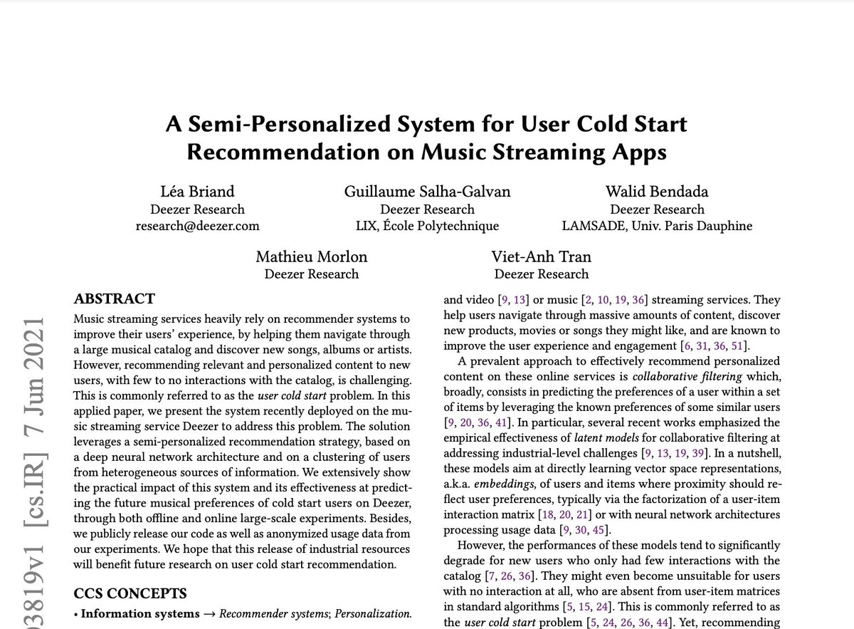 Guillaume Salha-Galvan (@gsalhagalvan) on Twitter photo Our team is attending #KDD2021 this week!
Léa Briand <a href="/lea_ibrd/">Léa Briand</a> will present our recent work, tackling the user cold start problem on the music streaming app <a href="/Deezer/">Deezer</a>.
Preprint: arxiv.org/pdf/2106.03819…
Code and Data: github.com/deezer/semi_pe…
<a href="/kdd_news/">SIGKDD 2025</a> <a href="/DeezerDevs/">DeezerDevs</a> <a href="/researchdeezer/">Deezer Research</a> Our team is attending #KDD2021 this week!
Léa Briand <a href="/lea_ibrd/">Léa Briand</a> will present our recent work, tackling the user cold start problem on the music streaming app <a href="/Deezer/">Deezer</a>.
Preprint: arxiv.org/pdf/2106.03819…
Code and Data: github.com/deezer/semi_pe…
<a href="/kdd_news/">SIGKDD 2025</a> <a href="/DeezerDevs/">DeezerDevs</a> <a href="/researchdeezer/">Deezer Research</a>