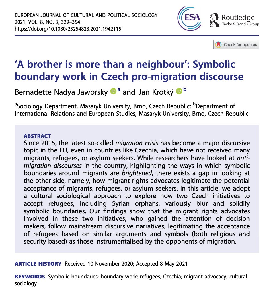 New research!

In their paper ‘A brother is more than a neighbour: Symbolic boundary work in Czech pro-migration discourse' Jaworsky and Krotký examine how, perhaps surprisingly, both pro- and anti-immigration groups use similar symbols and argumentation.

tandfonline.com/doi/full/10.10…