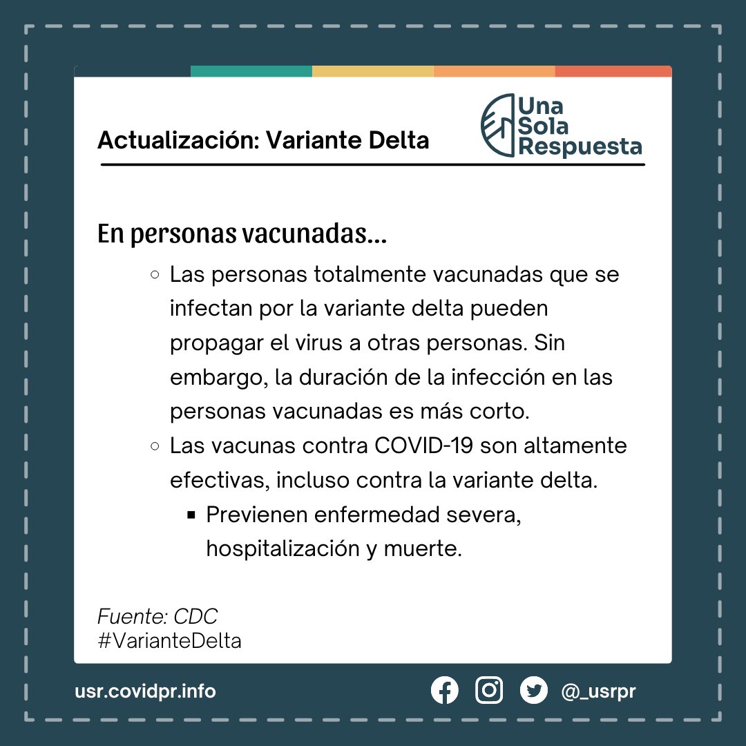 Datos sobre la variante Delta 🦠 Continuar practicando las medidas preventivas y vacunarse es clave para detener la propagación de esta variante. #Vacunate #VarianteDelta #UnaSolaRespuesta