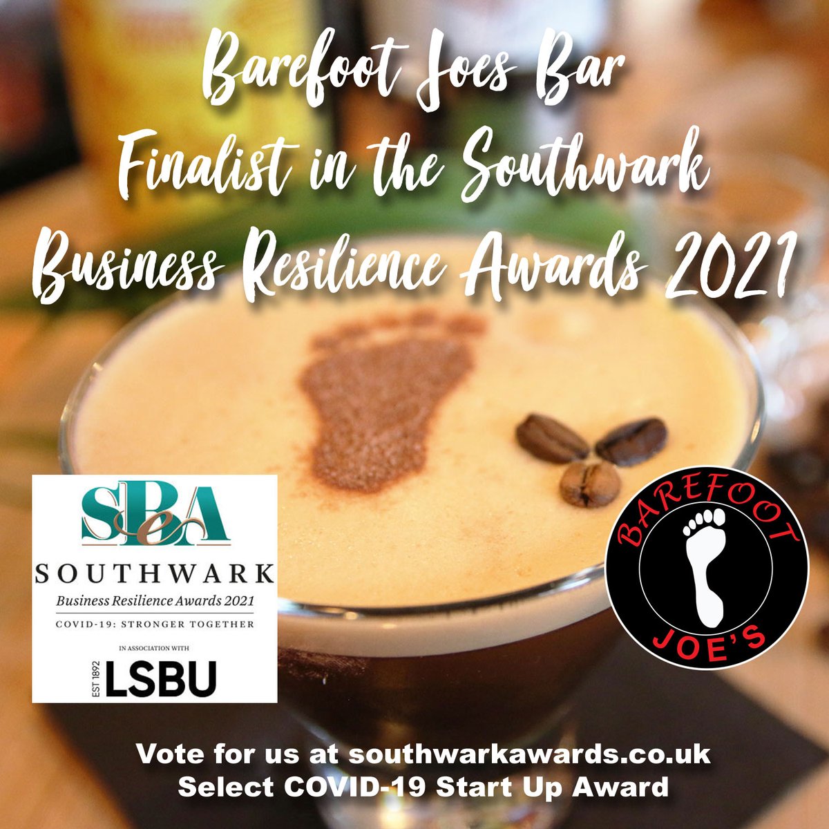 We're excited to confirm we've been named as finalists for the <a href="/SouthwarkAwards/">SouthwarkAwards</a> for best COVID-19 Start Up!

Click here for more details and how to vote for us! barefootjoesbar.co.uk/vote-for-baref…
