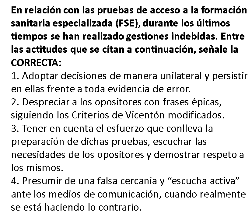 Buenos días, <a href="/CarolinaDarias/">Carolina Darias</a> 

¿Sabías que las pruebas de acceso a la FSE son todas tipo test? Pues sí, lo han sido siempre. Hoy te mando una pregunta, a ver si la aciertas. No vale consultar con alguien que sepa (en realidad no me preocupa, nunca lo haces).