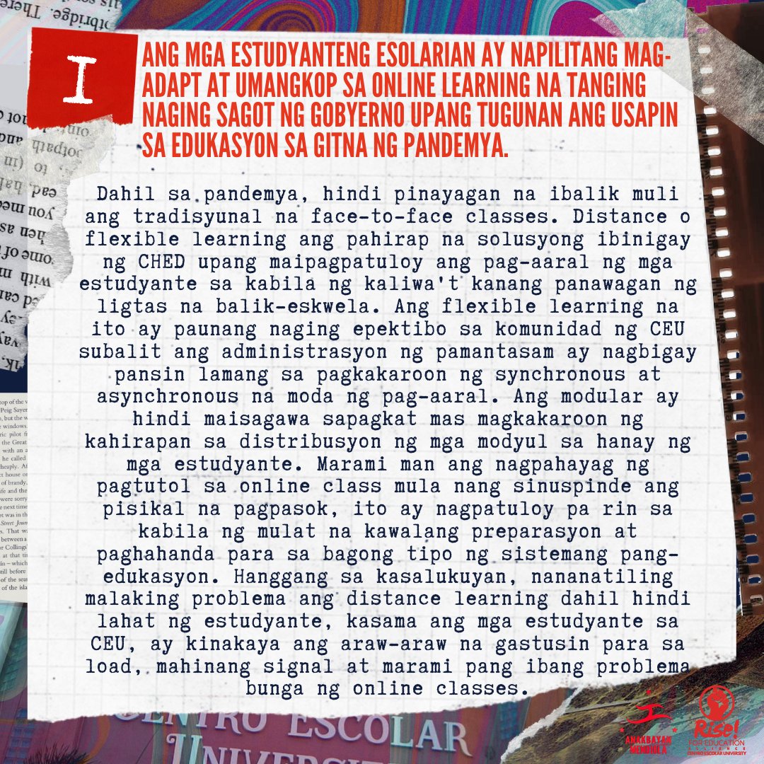ABMendio's tweet photo. Sa halos dalawang taong pag-iral ng pandemya, napatunayan ang palpak at hindi epektibong distance learning na kasalukuyang moda ng pag-aaral upang umangkop sa restriksyon ng community quarantined at pagsasara ng mga paaralan at pamantasan.
#CEUFirstDayFight
#LigtasNaBalikEskwela https://t.co/77HaYk7Yt1
