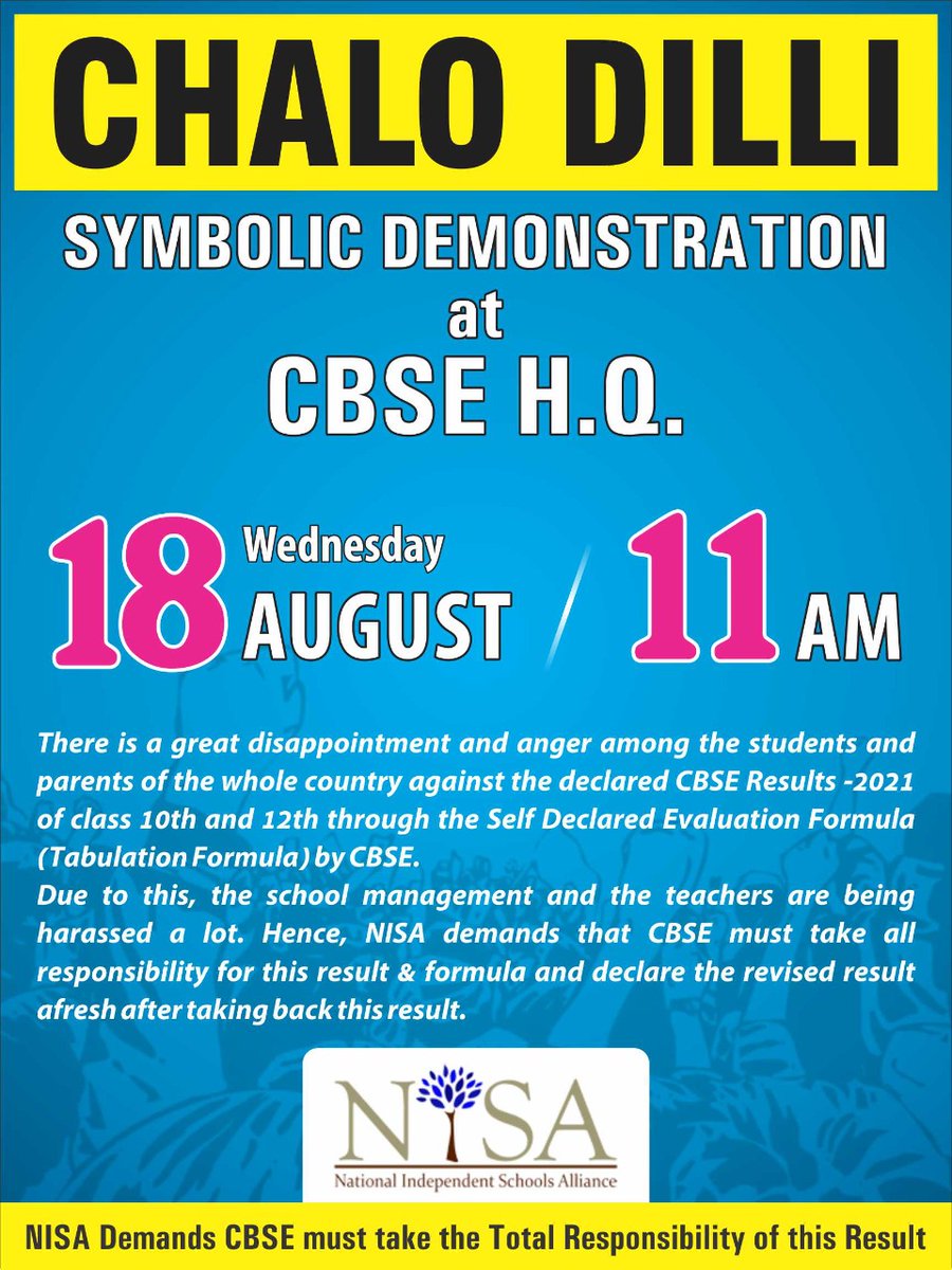 NISA Education (@nisaedu) on Twitter photo Chalo Dilli
Symbolic Demonstration at CBSE H.Q
18 August, wednesday | 11am
<a href="/PMOIndia/">PMO India</a> <a href="/narendramodi/">Narendra Modi</a> <a href="/AmitShah/">Amit Shah</a> <a href="/dpradhanbjp/">Dharmendra Pradhan</a> <a href="/ndmaindia/">NDMA India | राष्ट्रीय आपदा प्रबंधन प्राधिकरण 🇮🇳</a> <a href="/India_NHRC/">NHRC India</a> <a href="/KBSfed/">Kulbhushan Sharma</a> Chalo Dilli
Symbolic Demonstration at CBSE H.Q
18 August, wednesday | 11am
<a href="/PMOIndia/">PMO India</a> <a href="/narendramodi/">Narendra Modi</a> <a href="/AmitShah/">Amit Shah</a> <a href="/dpradhanbjp/">Dharmendra Pradhan</a> <a href="/ndmaindia/">NDMA India | राष्ट्रीय आपदा प्रबंधन प्राधिकरण 🇮🇳</a> <a href="/India_NHRC/">NHRC India</a> <a href="/KBSfed/">Kulbhushan Sharma</a>