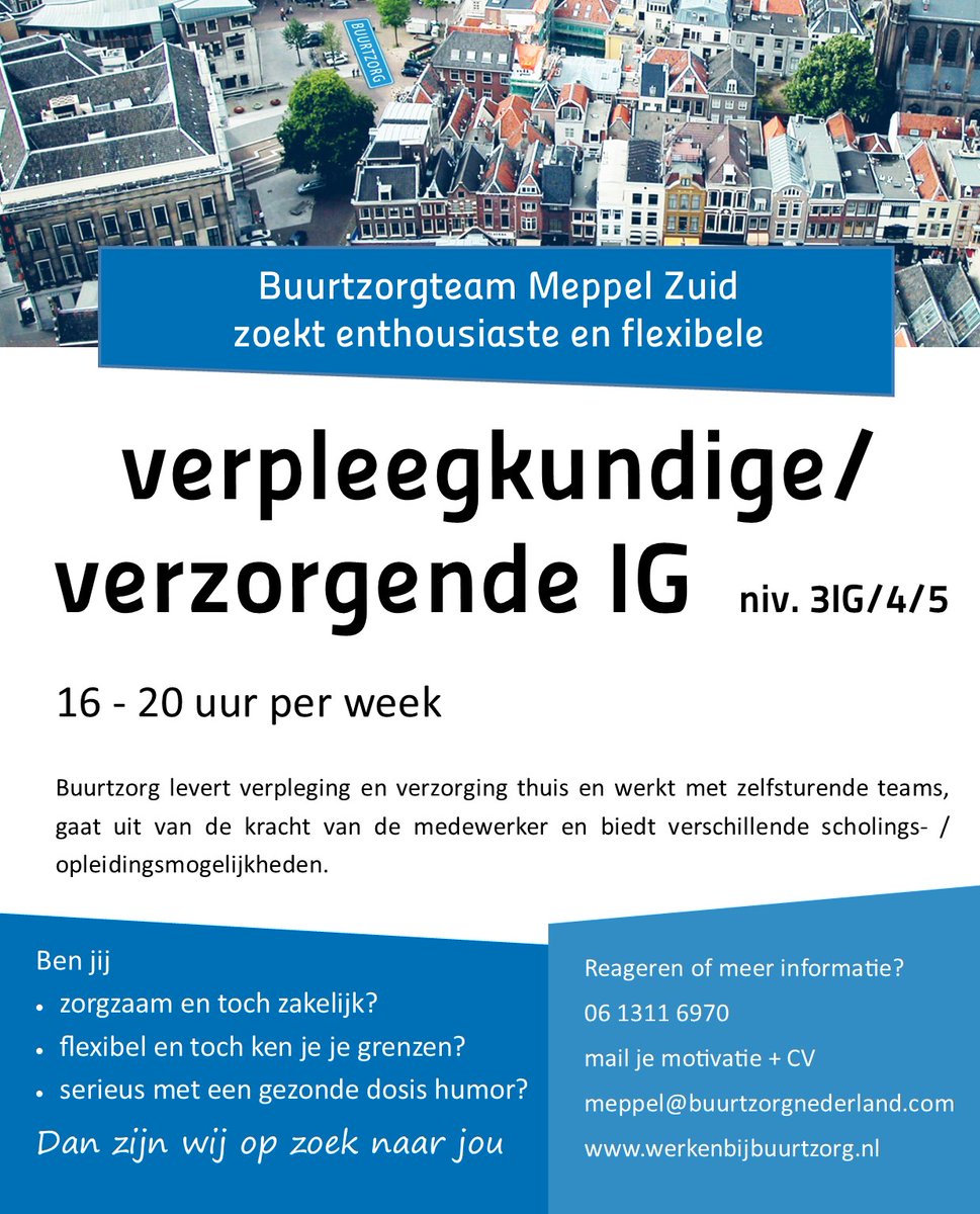 #Buurtzorg #Meppel zoekt enthousiaste #verpleegkundige #verzorgende Solliciteer eenvoudig via werkenbijbuurtzorg.nl