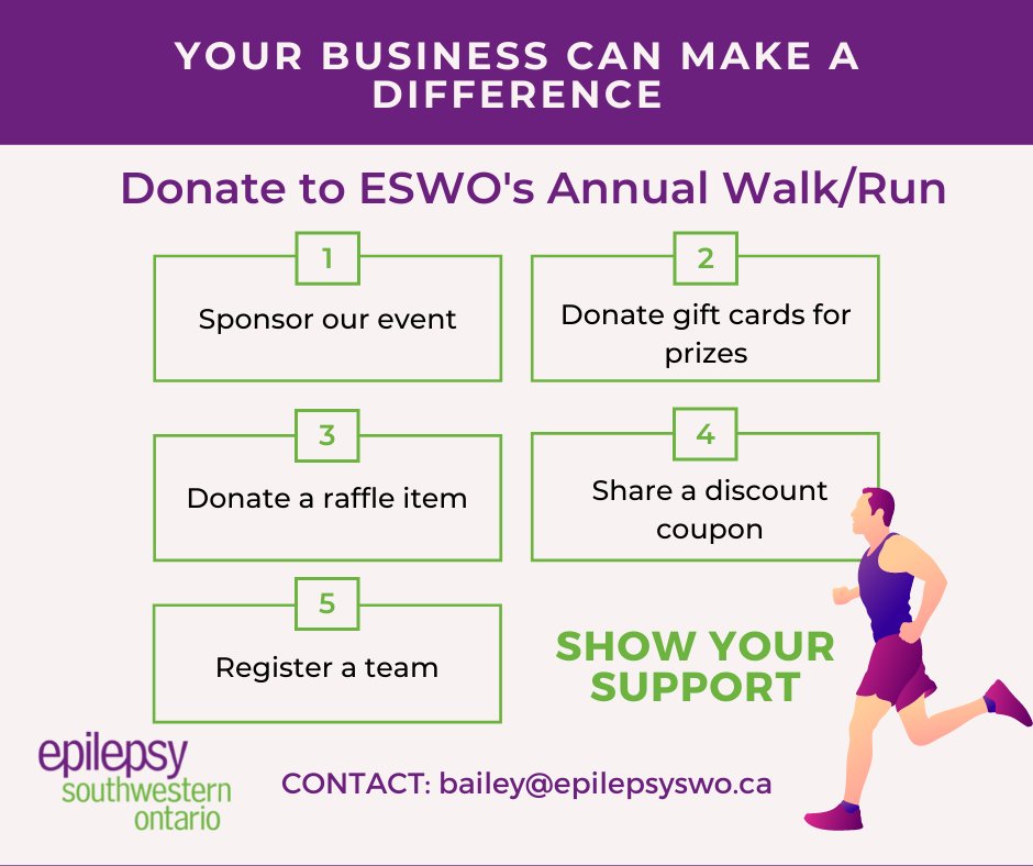 5 ways your business can support our annual walk: sponsor, donate gift cards, contribute a raffle prize, share a discount code, or register a team! Connect with us to make a difference and support! #seizetheday2021 #epilepsyawareness #supportlocal #epilepsywarriors
