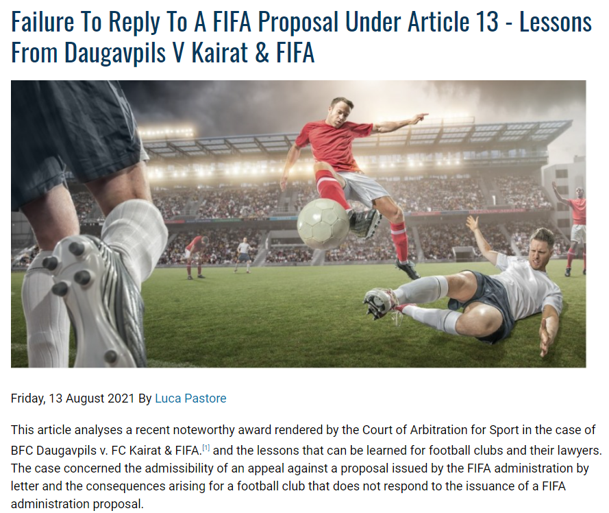 Our <a href="/pasto_luca/">Luca Pastore</a> has written a case note for <a href="/LawInSport/">LawInSport</a>, analysing one of our recent cases which clarified the position when a club fails to respond to a proposal of the FIFA Administration and subsequently appeals to CAS #sportslaw #FIFA 
lawinsport.com/topics/item/fa…