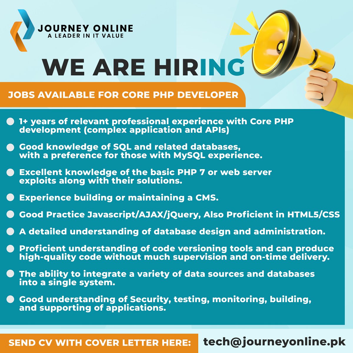 JourneyOnline2's tweet image. Are you a PHP developer? We are hiring a PHP developer in Faisalabad!
Join our team, We need skilled, experienced, and passionate developers.
Send Cv with cover letter here: tech@journeyonline.pk
#hiring2021 #hiringphpdeveloper #export #weaving #technology #ecommerce
