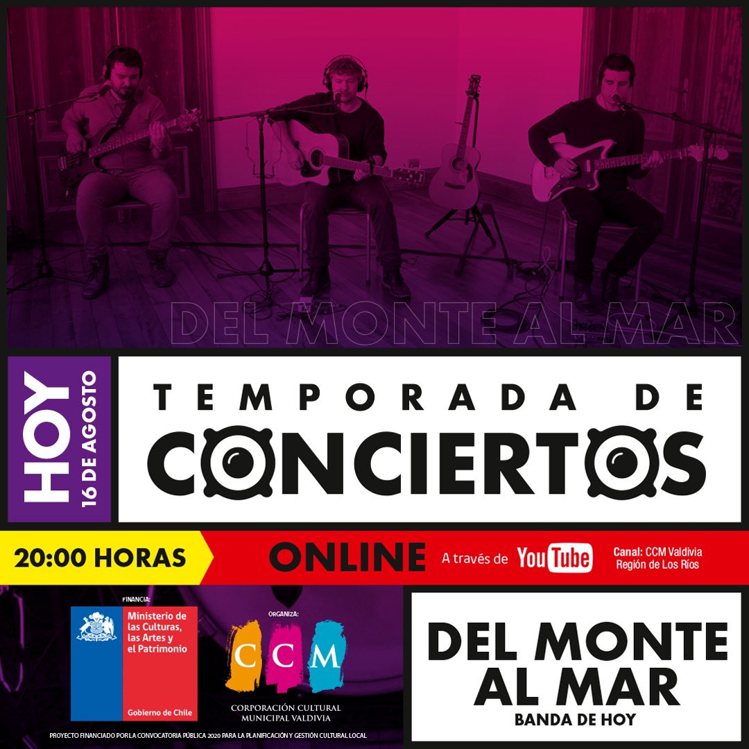Temporada de Conciertos - ONLINE - junio, julio y agosto 2021
▶️HOY 16 de agosto, 20 hrs.: “Del Monte al Mar”
▶️Canal YouTube: CCM Valdivia Región de Los Ríos. <a href="/culturaslosrios/">Culturas Los Ríos</a> <a href="/munivaldivia/">MuniValdivia</a> <a href="/Vive_Valdivia/">Vive Valdivia</a> <a href="/INJUVLosRios/">INJUV Los Ríos</a> <a href="/MunicipalVald/">Teatro Municipal Val</a> @eligecultura #ValdiviaCL
