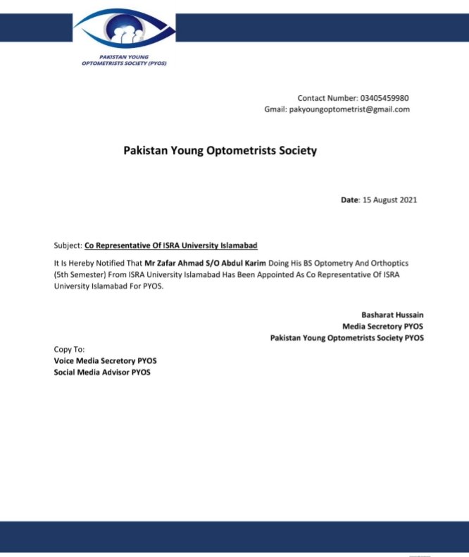 PakYoungOpt's tweet photo. #PakistanYoungOptometristsSociety 
Co Representative Of ISRA University Islamabad https://t.co/mjotdlPvoA