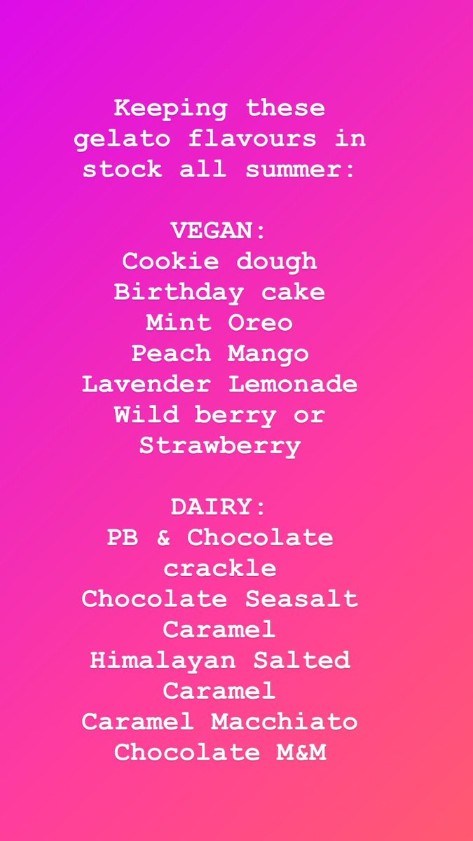 Organic fair trade coffee freshly roasted and stocked on our shelves. Also gelato list for this summer: