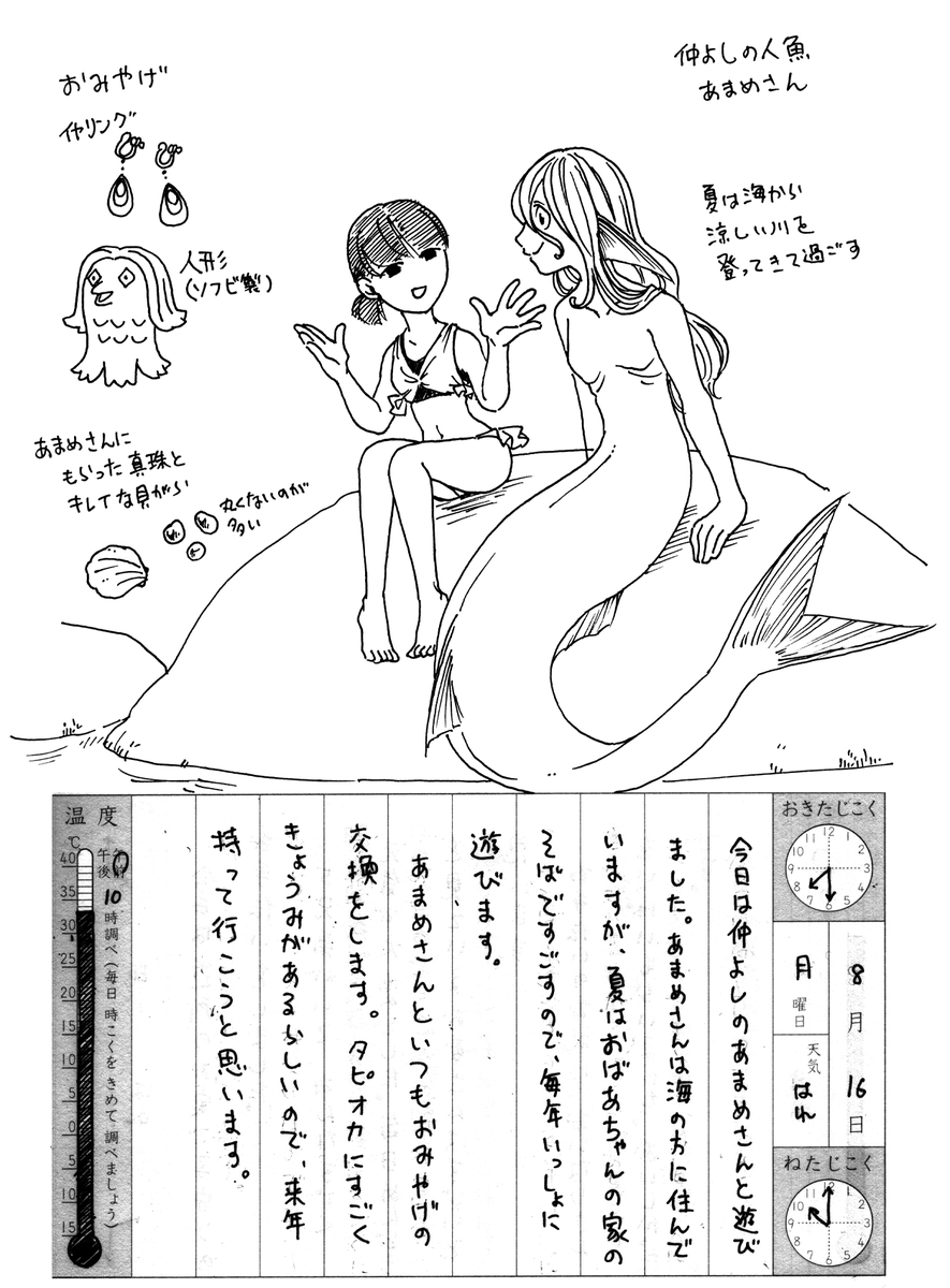 #こゆきの絵日記

人魚を描くときはいつも
骨格の面で悩みます。
上半身は人っぽいけど
下半身は魚…背骨がどうしても
90度ずれてしまって
ゔゔん!ってなる

実は魚というのは勘違いで
クジラ目の完全哺乳類
なのかもしれないと思いつつ
魚であることがロマンなんだ!
っていう執着を捨てられない。 