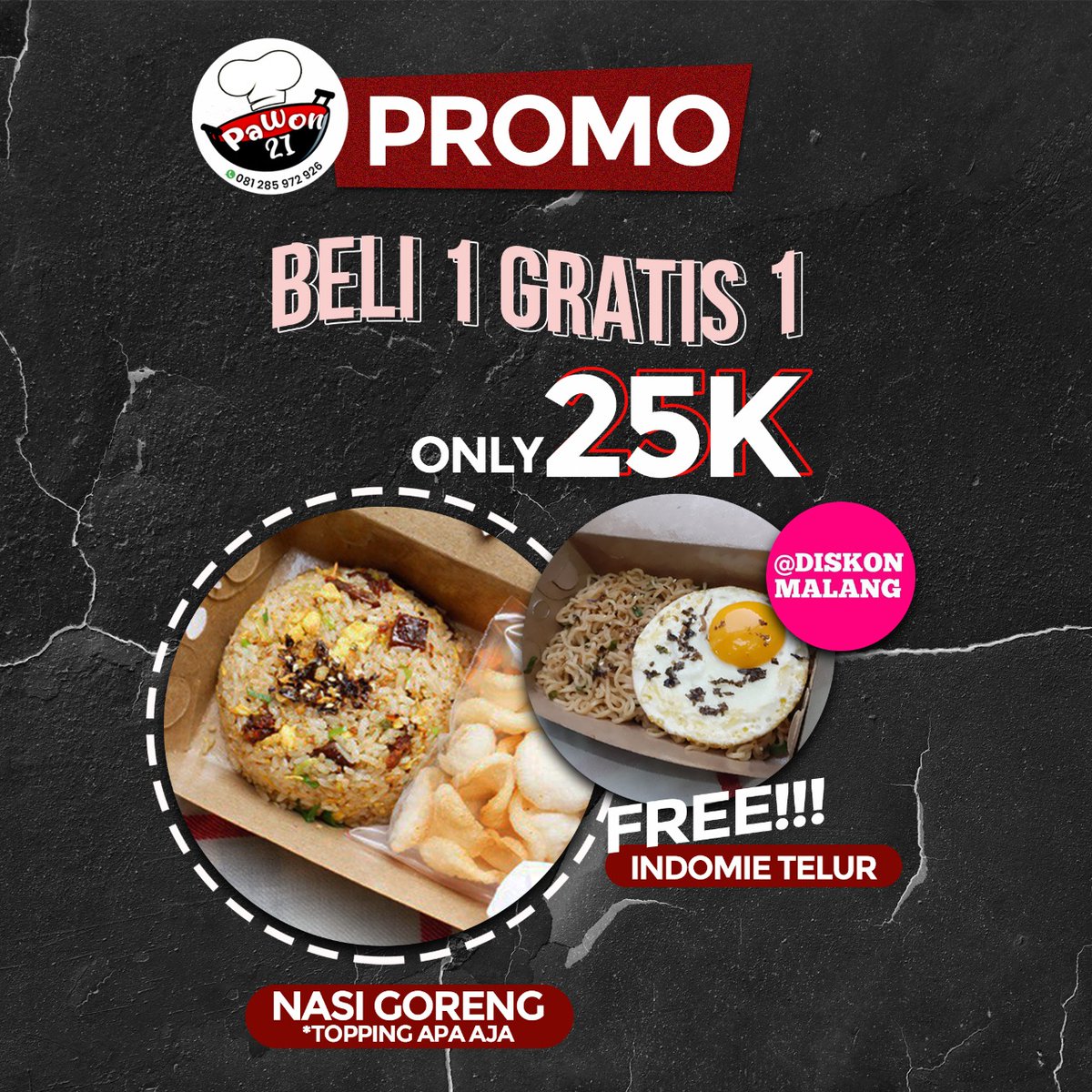 mahasiswamlg's tweet photo. * Bebas pilih topping &amp; varian apa saja
* Promo berlaku untuk pemesanan melalu WA Pawon 21 &amp; Gofood "Pawon 21"
* Free ongkir Malang Kota khusus tgl 17 Agustus 

More info &amp; Order 👉 https://t.co/ysDXDRVGm7

#diskonmalang https://t.co/o0yWO2Cnzl