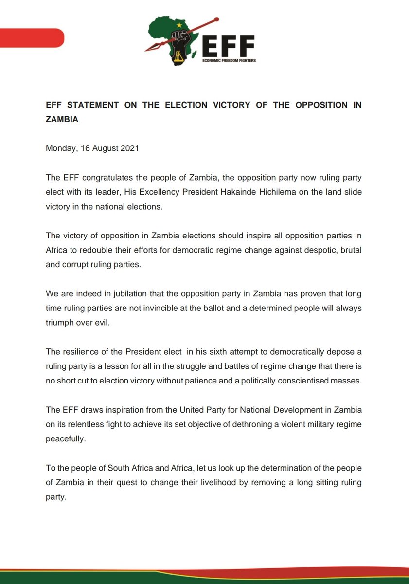 EFFSouthAfrica's tweet photo. EFF Statement On The Election Victory Of The Opposition In Zambia https://t.co/qQg0IKodZF