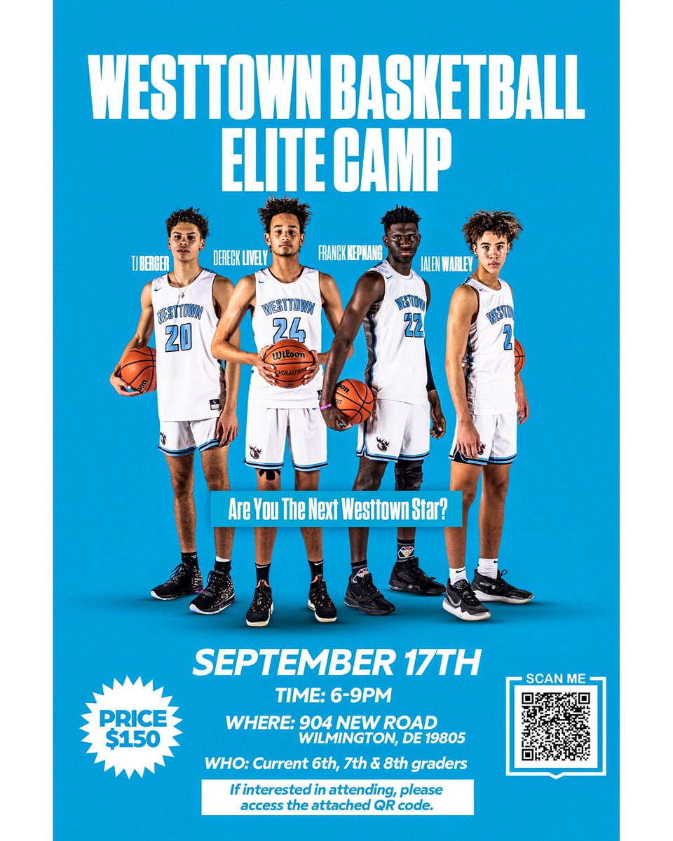 Westtownhoops's tweet image. Very excited to announce that we are hosting our first ever Westtown Basketball Elite Camp on September 17th! If you’re a middle school student-athlete and interested in attending, please access the below QR code!