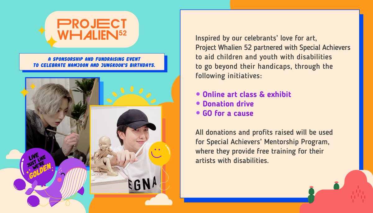 ProjWhalien52's tweet photo. Proj. Whalien 52 celebrates Joon and JK's birthdays by helping youth with disabilities live just like they’re golden. ✨

And you can join our cause! Details below on the many ways you can help. 🐳

Donation Form: https://t.co/sZpo5CuupW https://t.co/VTufs92igM