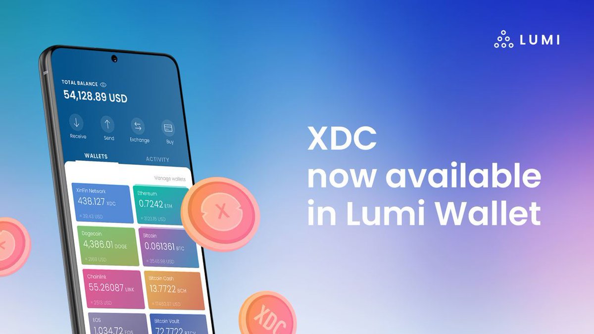Lumi_wallet's tweet photo. #XinFin is available in LUMI for #Android and #Web platform 🥳 
Check it out: 

📲Open Lumi app
🧐Find “Wallets list”
👆Push “Add wallets”
🔎Search “XDC”
🕹Click on the toggle switch opposite to “XDC”

Now you can store/send $XDC tokens in LUMI! Welcome to #LUMI family 🙌 #Crypto https://t.co/iaBGA5NwDq