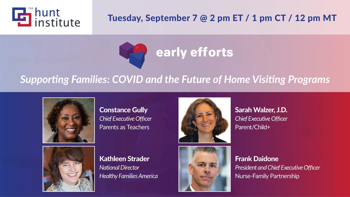 DanWuori's tweet photo. How has COVID affected #earlychildhood #homevisiting programs - and where are they headed in the future? Join @Hunt_Institute on Tuesday, Sept. 7 (2pm ET) as we welcome leaders from @NatlPAT @NFP_nursefamily @HFAatPCA &amp; @ParentChildPlus. Register now at:  https://t.co/DHuNIWvXK1 https://t.co/lpSagEUTZh