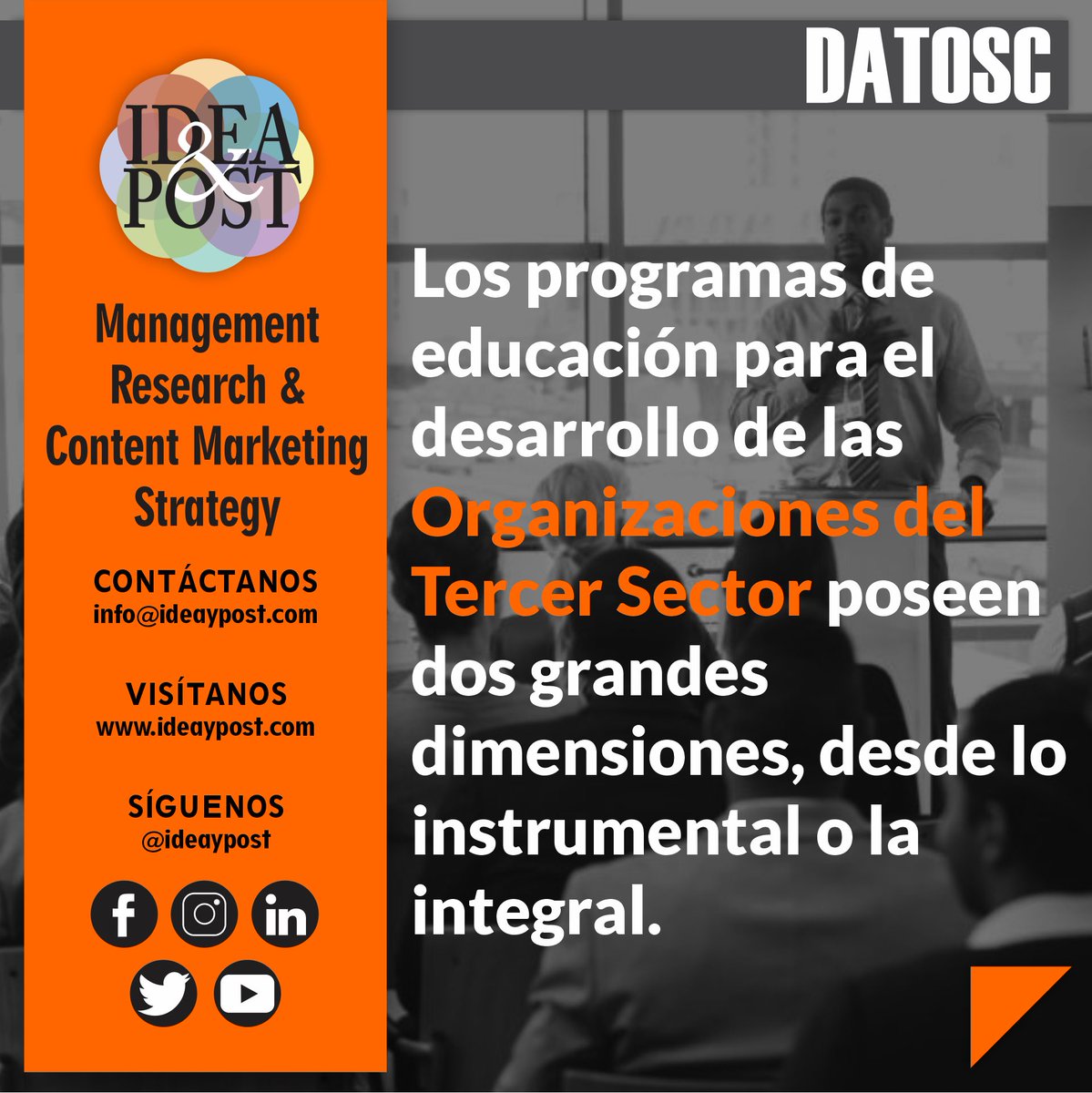 ideaypost's tweet image. Las organizaciones del tercer sector educan para el desarrollo a través de la concientización y participación de las comunidades.

Síguenos en #ideaypost o visita nuestro #blog en ideaypost.com y conoce más #datosc sobre este y otros temas del Tercer Sector.