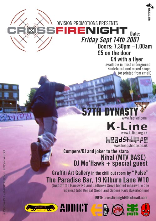 20 years ago a newly formed mission known as Crossfire threw a night of hip hop, punk rock, art &amp; skateboarding for the Meanwhile/Playstation crew in North West London... SO thankful for everyone who supported it, skated it, got drunk and danced to it, &amp; made it all happen x